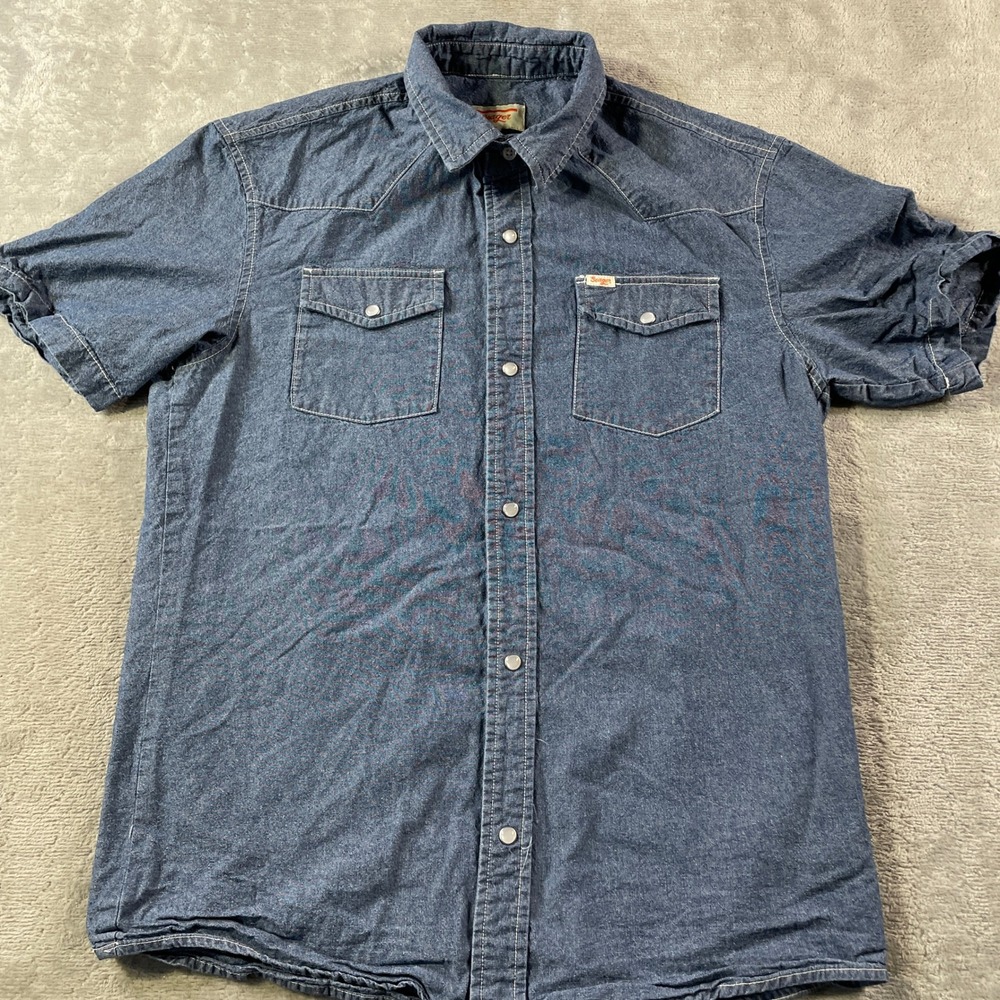 Seager Chambray Shirt Mens Medium Blue Western Pearl Snap Western Denim Flap
